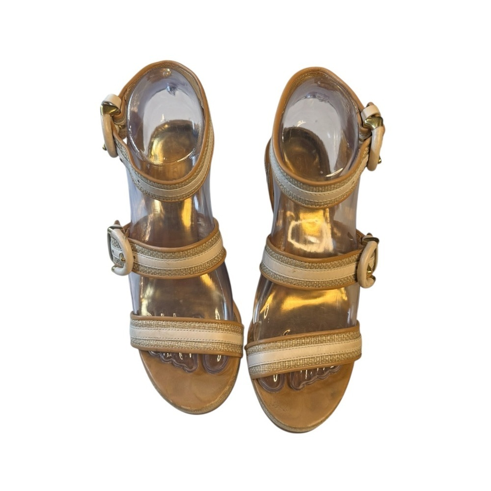 Coach Mariah Gold Raffia Wedge Sandals Size 7B Y2K Resort Glam Platform Heels - Picture 3 of 9